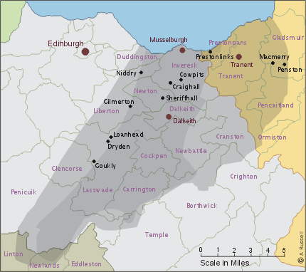 Map showing Mid and East Lothian coalfield and parish boundaries