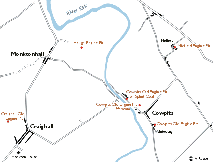 Map showing Cowpits Village, main pits and surrounding area including Craighall