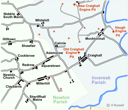 Old Craighall area showing pits, parish boundaries and neighbouring villages